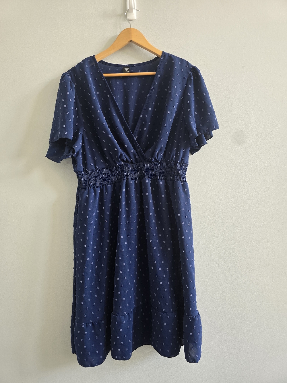 SHEIN Curve 1XL Navy Swiss Dot Smocked Flutter Sleeve Dress